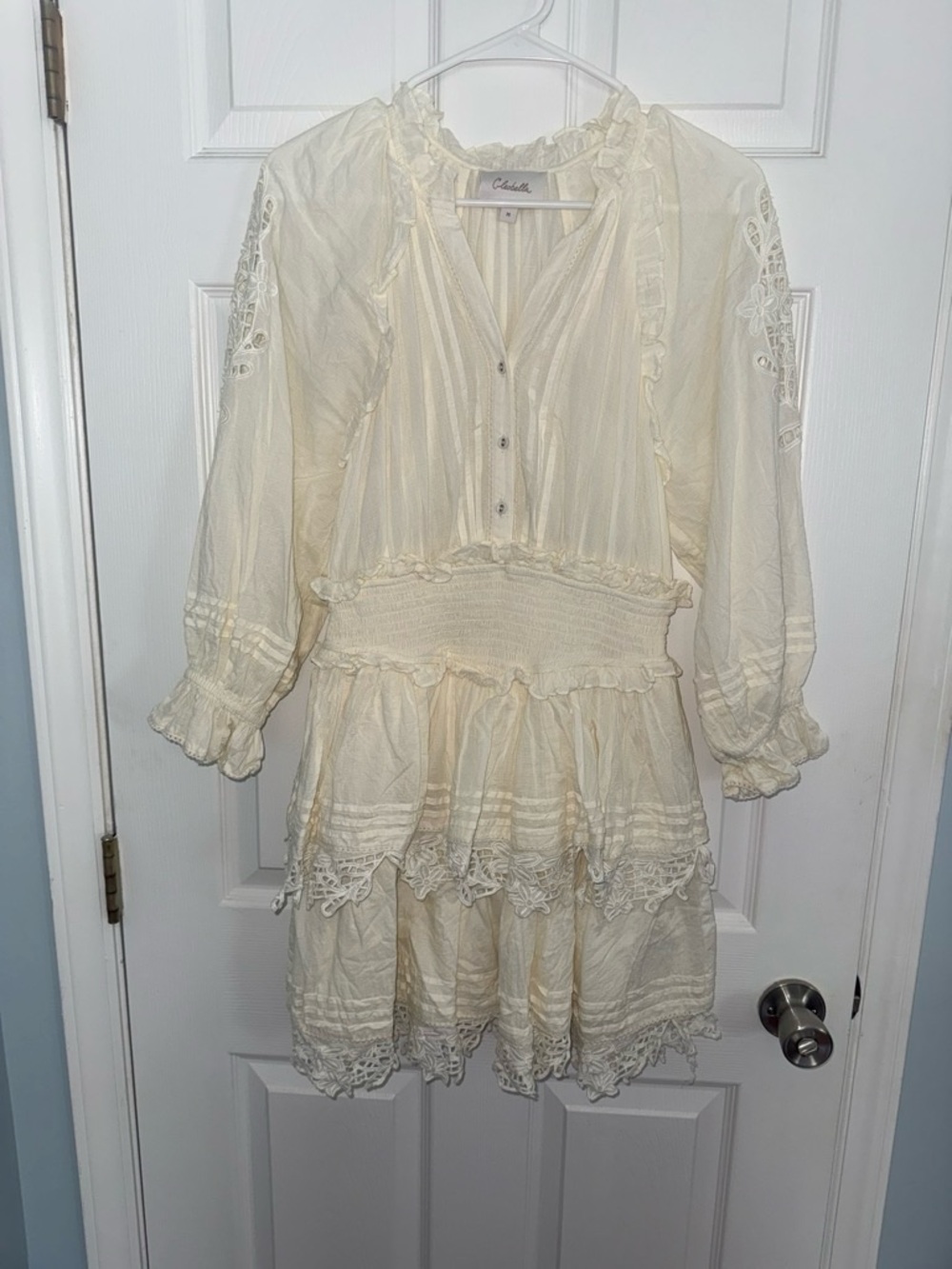 Cleobella Ivory Boho Pintuck Tie-Waist Mini Dress